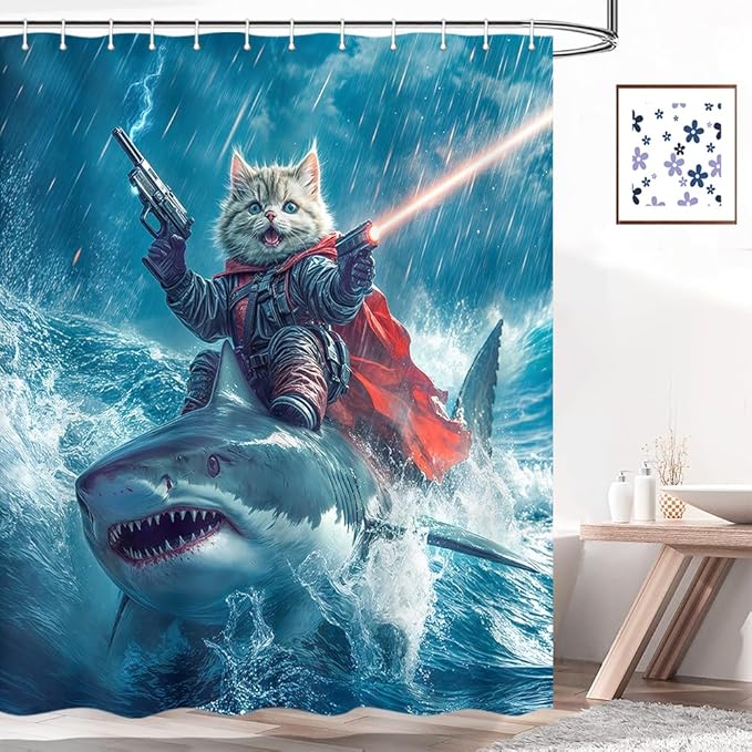 70x75 Inch Funny Cat Riding Shark Waterproof Shower Curtain - Blue Ocean Bathroom Decor with Hooks, Humor Polyester Bathtub Curtain for Kids Teens Adults