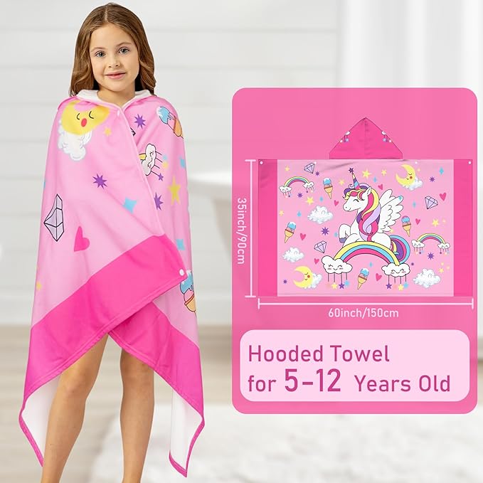 Hooded Towels for Kids Unicorn 60" x 35" Toddler Bath Beach Towel Poncho with Hood Super Soft and Absorbent 100% Microfiber for Girls Ages 5-12
