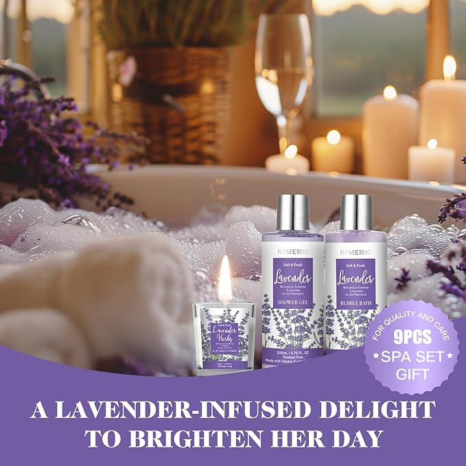 Valentine's Day Gift for Women, Spa Gift Basket for Women, 8pcs Lavender Spa Kit Set with Body Wash, Bubble Bath, Scrub, Bath & Beauty Skin Care Gift Sets, Christmas Gifts Set for Women, Her, Mom