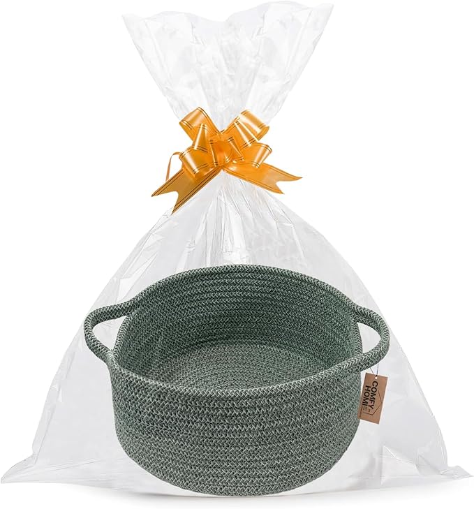 COMFY-HOMI Round Rope Basket with Handles for Shelves,Toys,Book, Cloth Storage Baskets for Organizing-φ11X5 Toy Decorative Organizer for Living Room, Bathroom （green）