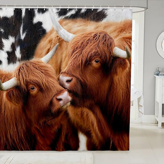 Highland Cattle Couple Shower Curtains,Cow Fur Bathroom Curtains for Kids Teens Adult,Farmhouse Animals Cowhide Waterproof Bath Curtains,with 12 Hooks Suits for Bathtub, 72" W x 78" L,Brown Rustic