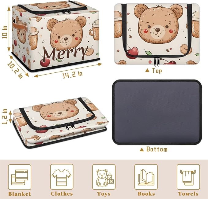 Custom Cute Bear Storage-Bin With Zipper Lid for Kids-Girls-Boys-Baby-Pet,Personalized Name Foldable Storage Box with Handle,Baby Basket With Label for Bedroom Nursery Toy Clothes,Light Yellow