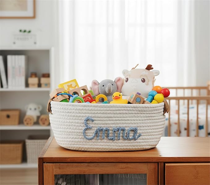JUPPE Baptism and Newborn Baby Show Gift Basket with Personalized Name, Toys and Storage Organizer Custom Baby Shower Basket Gift Cotton Rope Basket Gift Nursery Decor Newborn Gifts (Style 1)