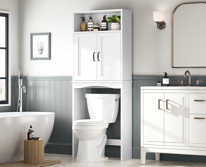 Over The Toilet Storage Cabinet, Over Toilet Storage Bathroom Organizer with Inner Adjustable Shelf and Top Open Storage Above The Toilet Storage Cabinet Behind Toilet Bathroom Cabinet, White