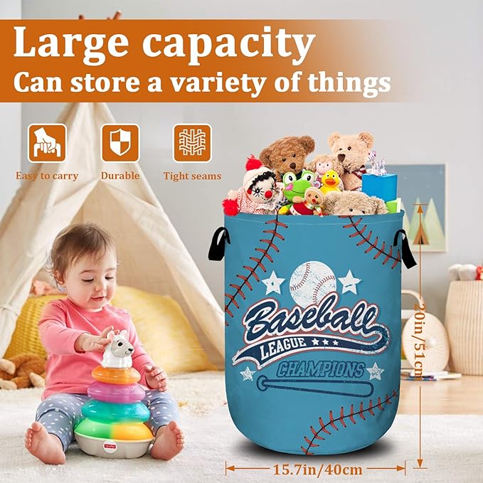 Baseball League Champions Laundry Basket with Sturdy Handles, Collapsible Oxford Cloth Laundry Hamper Organizer Basket for Bathroom Bedroom 15.7x20 Inch