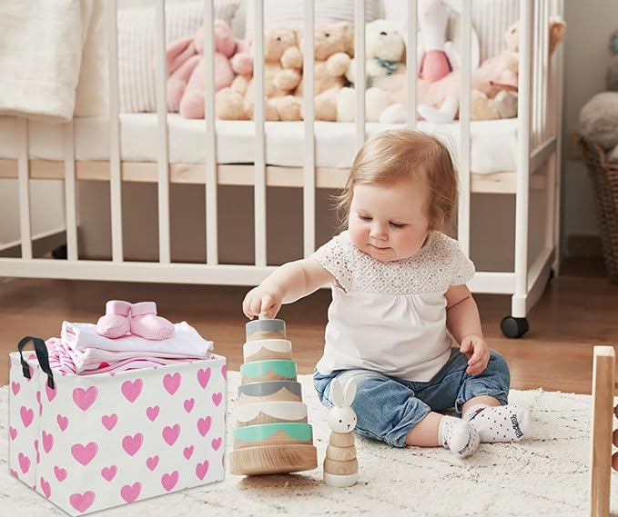 Rectangular Pink Basket Heart Toy Basket Baby Girls Basket Love Gift Basket Cute Kids Toy Storage Bin Organizer Shelf Book Basket Love Room Decor(Pink Love)