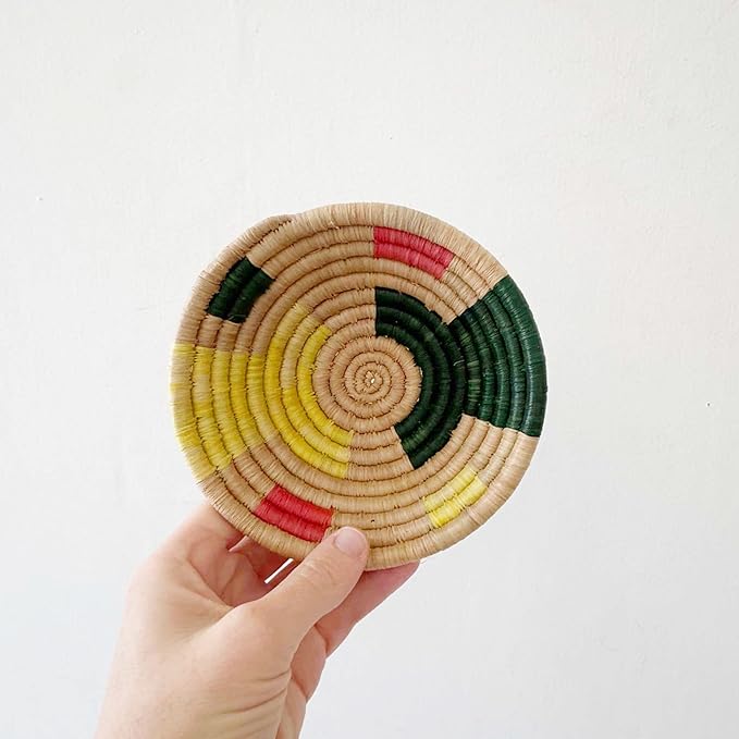 Mini African Basket- Kangati/Rwanda Basket/Raffia & Sweetgrass Woven Basket/Pink, Yellow, Green