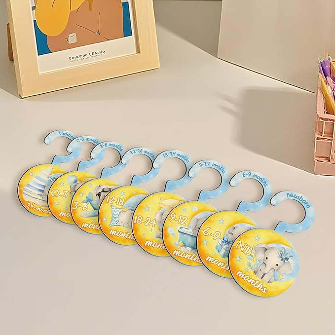 Baby Clothes Dividers for Closet - Set of 8 Wooden Baby Size Closet Dividers Newborn to 24 Months, Newborn Organizer for Boys & Girls - Adorable Moon Elephant Baby Nursery Decor Kit New Parents Gifts