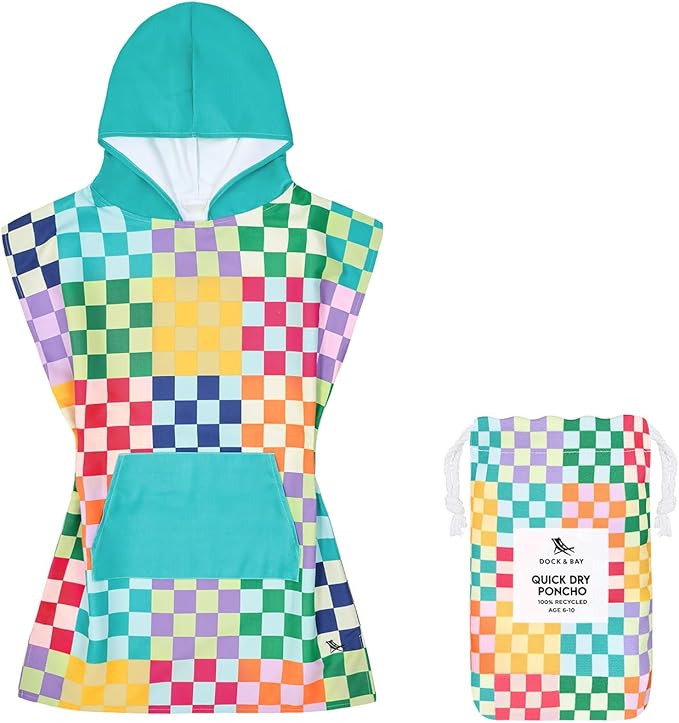Dock & Bay Poncho with Hood - for Kids - Super Absorbent, Quick Dry - Includes Bag - Check Me Out, Small (Age 4-7)