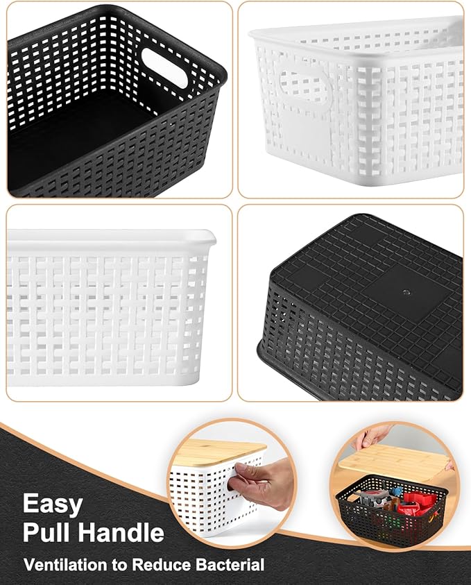 Plastic Storage Baskets with Bamboo Lids for Pantry Organization and Storage Containers Bins for Shelves Drawers Desktop Closet Playroom Classroom Office Home, 6 Pack,White