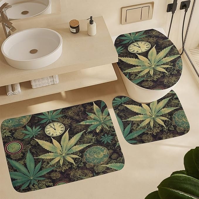 A Puff in Time Weed Marijuana 4 Piece Bathroom Set with Shower Curtain - Includes Bath Mat U-Shaped Mat Toilet Lid Cover and Waterproof Curtain Non-Slip Mat
