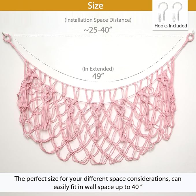 stuffed Animal Net or Hammock Macrame Toy Display Plush Toy Holder Ceiling Hanging Net for Stuffed Animal Storage -Light Pink,49"W