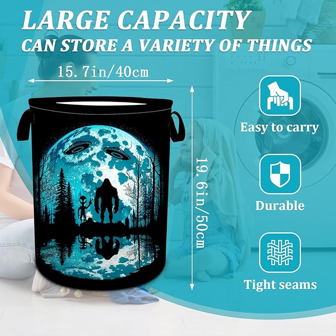 Bigfoot and Alien Laundry Basket, Moon Forest Laundry Hamper Foldable Waterproof Funny Tote Bag Dirty Clothes Storage Bucket Toy Organizer for Bathroom/Laundry/Bedroom 15.7"x19.6"