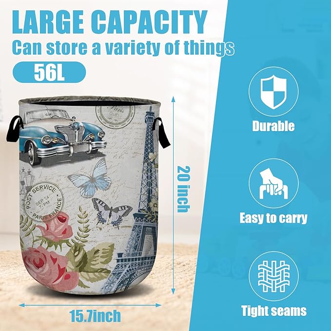 Vintage Paris Eiffel Tower Laundry Basket, Laundry Hamper Collapsible Oxford Cloth with Handle Clothes Toy Storage Bin for Bathroom Laundry Room Bedroom 15.7 X 20 Inch