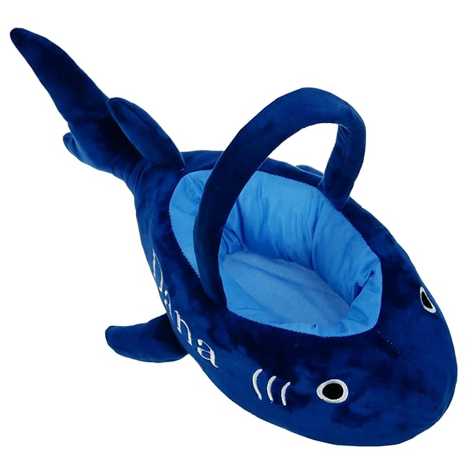 DearSun Exquisite Embroidery 3D Plush Shark Basket - Personalized Easter Egg Hunting Basket - Blue, Round, Velvet