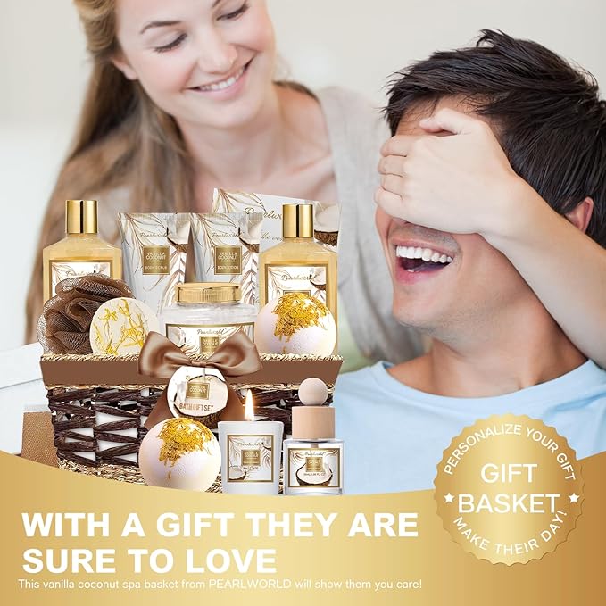 Valentine's Day Gifts Basket for Women, 15pcs Vanilla Coconut Bath Set with Shower Gel, Bubble Bath, Diffuser Oil, Scented Candle, Skin Care Kit Birthday Gift for Women