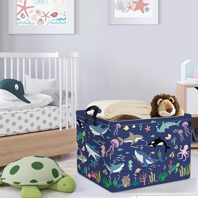 Clastyle Fish Sea Turtle Baby Basket Ocean Coral Seaweed Starfish Toy Book Shelf Basket Waterproof Pool Toy Beach Towel Storage Bin Large Dirty Clothes Laundry Hamper, Whales, 40*30*30 cm