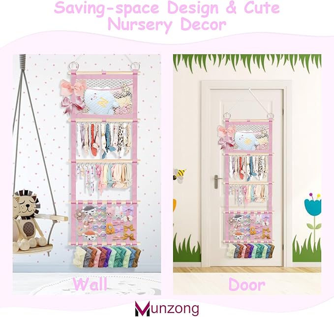 Munzong Headband Holder 52x17 inch, Pink Hair Bow Clip Organizer for Baby Girls, 4 Tier Wall Hanging Headband Shelf w/Mesh Bag, Large Nursery Hair Accessories Storage Hanger for Toddler Women