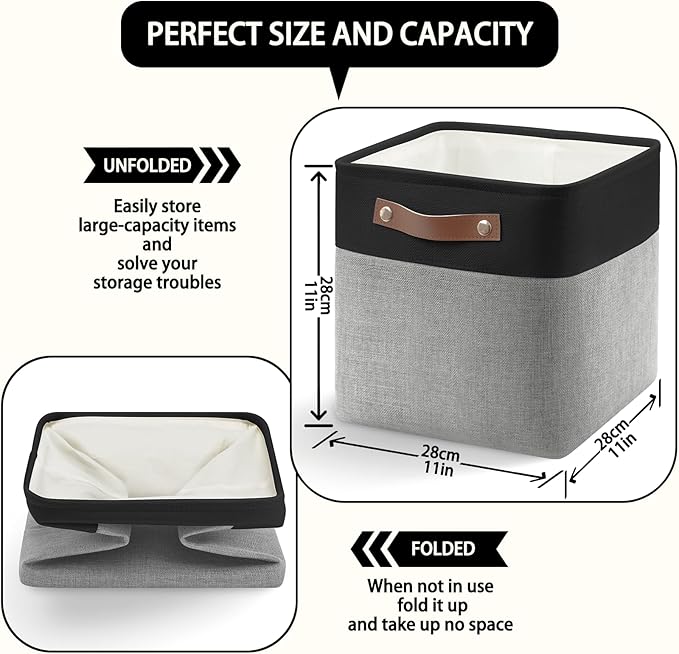4-Pack Foldable Fabric Storage Cubes 11x11 Inch, Sturdy Cube Organizer Bins with Leather Handles, Storage Baskets for Closet Shelves and Home Organization(Dark/Gray)