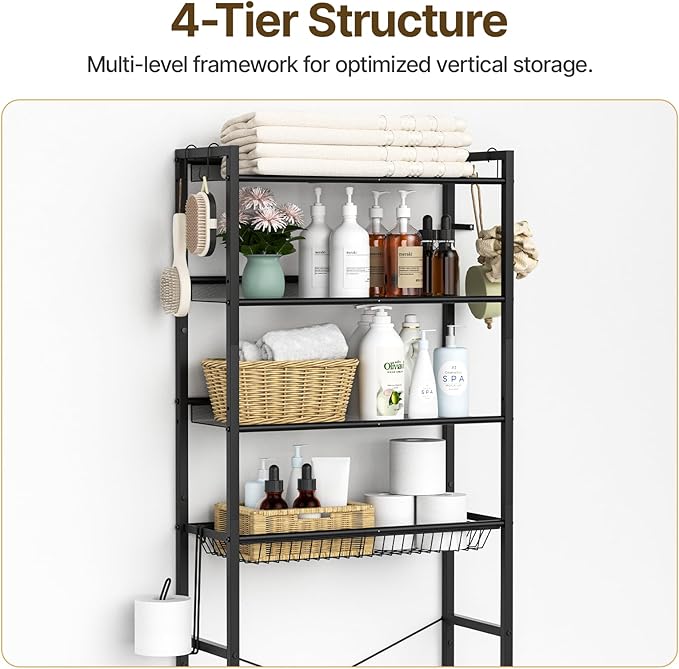 4 Tier Over The Toilet Storage Rack, Bathroom Organizer Shelf Over Toilet with 4 Hook and Roll Holder, Space Save Freestanding Metal Bathroom Shelves