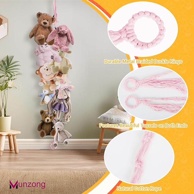 Munzong Stuffed Animal Storage Chain 80 Inch, 4pcs Pink Hanging Stuff Animals organizer, Cotton Toy Display Chain with 80 Clips, Toys Organizers Holder for Room Wall Corner Decor