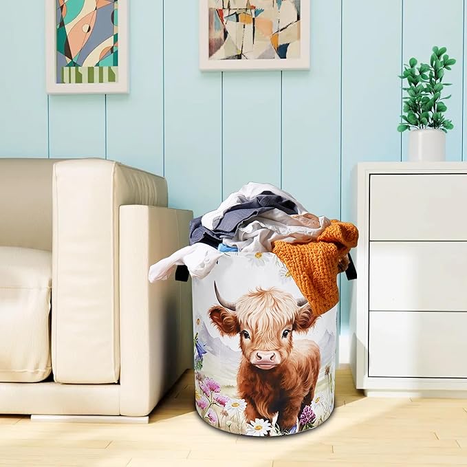 Highland Cow Laundry Basket Oxford Cloth Animal Flowers Laundry Hamper With Handle Foldable Portable Clothes Storage Basket 18.9 X 16.5 Inch Storage Bag For Laundry Room/Bathroom/Bedroom/Dormitories