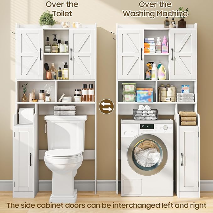 Over The Toilet Storage Cabinet, Bathroom Over Toilet Storage Organizer with Barn Doors & Paper Holder Stand, Farmhouse Space Saving Rack Cabinet with Adjustable Shelves for Bathroom, Laundry (White)