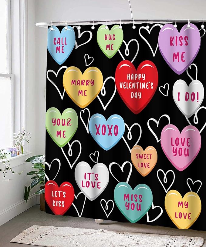 Happy Valentine Day Cute 72x78 Shower Curtain for Girls Love Me Kiss Me Red Black Love Hearts Romantic Shower Curtain Set Decor Bathroom Accessories Fabric Polyester Kid Bath Curtain with Hooks