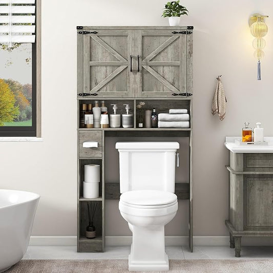 Vabches Over The Toilet Storage Cabinet, Farmhouse Storage Cabinet Over Toilet with 2 Barn Doors & Toilet Paper Holder Stand，Home Space-Saving Toilet Rack, for Laundry, Bathroom, Restroom.Grey Oak