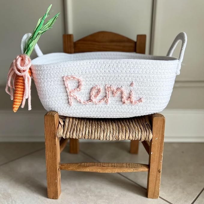 Personalized Rope Cotton Easter Basket Adorable Carrot Decorations Long Handle or Tie Handle Customizable with Child's Name (Style 2-Tie Handle)