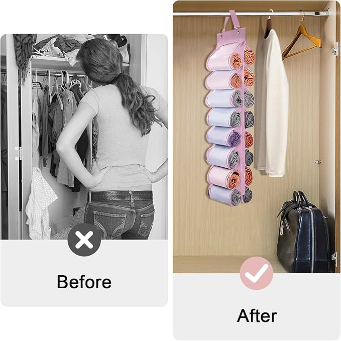 Legging Organizer Storage, T Shirt Organizer, Foldable Hanging Closet Organizer Storage with 16 Roll Independent Compartments for Yoga Pants, Tank Top, Towel, Underwear (Pink)