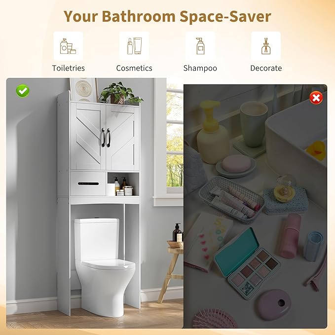 IDEALHOUSE Over The Toilet Storage Cabinet,Bathroom Organizers and Storage with Anti-Tip Device and Adjustable Shelf for Bathroom,Restroom,Laundry,White