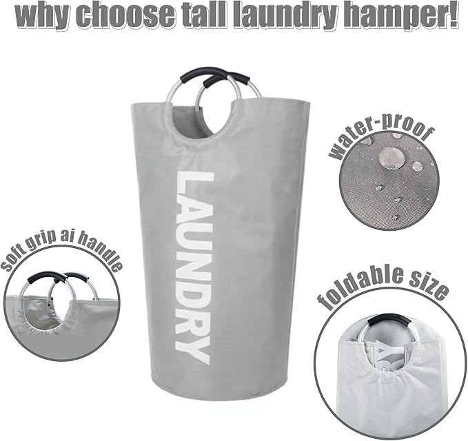Twira 125L Pro XX-Large Laundry Baskets, Laundry Hamper Stands Up Well, Laundry Bag with Padded Handles, Waterproof Laundry Basket Collapsible, Clothes Hamper for College, Bathroom (Light Grey)