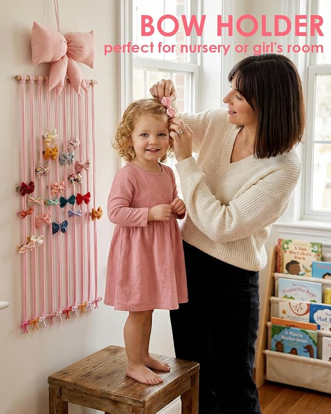 HAYVAN Bow Holder for Girls Hair Bows - 31.5"x11" Pink Bow & Hair Clip Organizer with Hanging Hook & Gift Card, Baby Bow Organizer and Nursery Room Decor