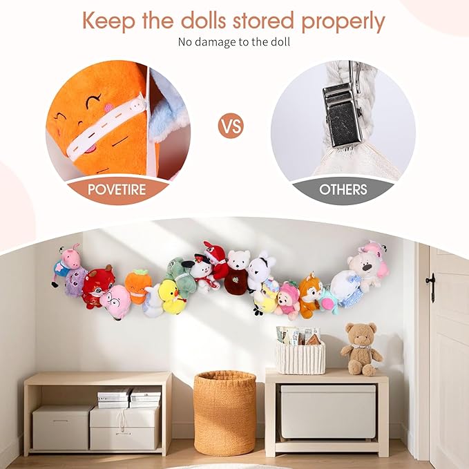 POVETIRE Stuffed Animal Storage Chain, 80 Inch Elastic Band Hanging Storage, White Cotton Stuffed Animal Display for Bedroom Nursery Corner Curtain Rod