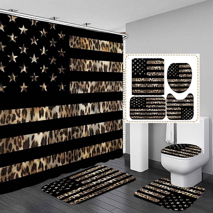 4PCS Black American Flag Leopard Shower Curtain Sets with Rugs, Waterproof Fabric Shower Curtain, Cheetah Print African Animal Safari Wildlife Skin Stars and Stripes USA Flag Bathroom Decor