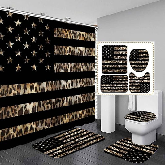 4PCS Black American Flag Leopard Shower Curtain Sets with Rugs, Waterproof Fabric Shower Curtain, Cheetah Print African Animal Safari Wildlife Skin Stars and Stripes USA Flag Bathroom Decor