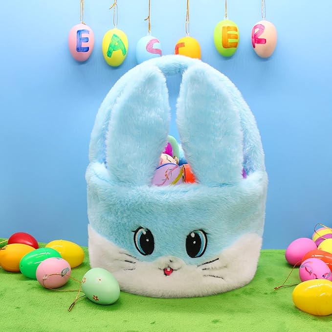 Easter Basket for Kids, Easter Baskets with Handle for Easter Eggs Hunting, Easter Bunny Basket Blue Bunny Bags, Easter Theme Party Favor Easter Gifts for Girls Boys (Blue)