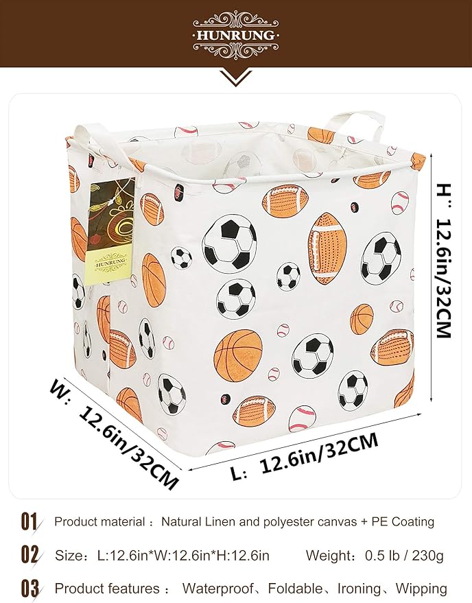 HUNRUNG Square Storage Bins Nursery Hamper Canvas Laundry Basket Foldable with Waterproof Nursery Boxes for Shelves/Gift Baskets/Toy Organizer/Office, Bedroom (Square-ball game)