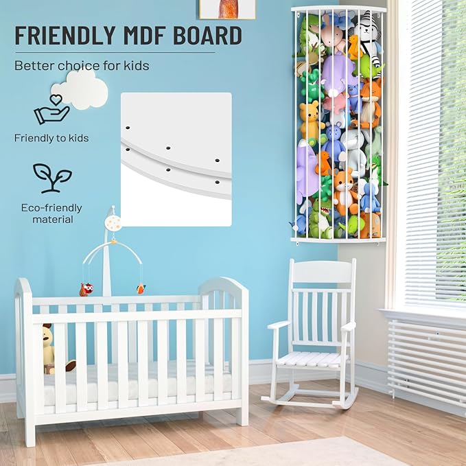 Sleek White Corner Stuffed Animal Storage Shelf | Adjustable Height (44"-71") | Durable Hanging Stuffed Animal Toy Plush Organizer for Modern Nursery, Kids' Bedroom & Playroom