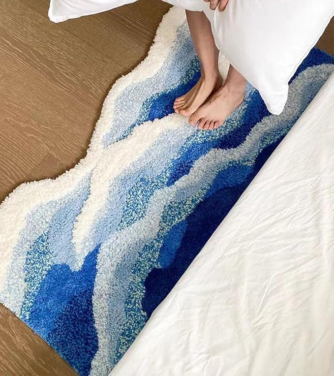 Blue 3D Ocean Wave Bath Mat, Cute Funky Bathroom Rugs,for Coastal Beach Nautical Themed Decor, Non-Slip Washable Tufted Rug for Bedroom Kitchen Runner Rug (27.6 x 63 in)