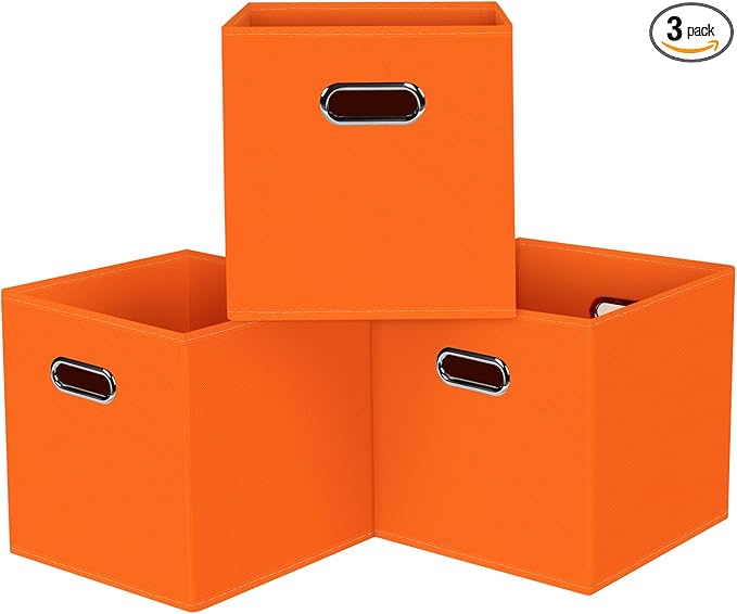 Black Foldable Storage Cubes Bins, Fabric Storage Box Cubes Organizer Baskets with Dual Handles for Home Organizer,Set of 3,(Orange)