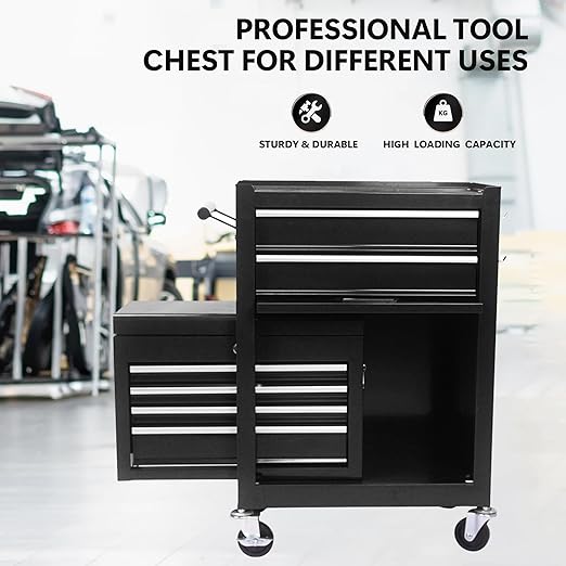 Rolling Tool Chest, Garage Tool Box, 6-Drawer and 2 Cabinets Lockable Tool Cabinet, 2 in 1 Detachable Tool Box Storage Organizer Suitable for Workshops, Warehouses, Repair Shops, Black