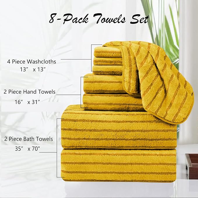 8 Pcs Yellow Cabana Stripe Polyester Bath Towel Set Oversize Bath Sheet-2 Bathroom Towels,2 Hand Towels,4 Washcloths Soft Jumbo Towels Absorbent Shower Towel Quick Dry Beach Chair Towel for Spa Gym