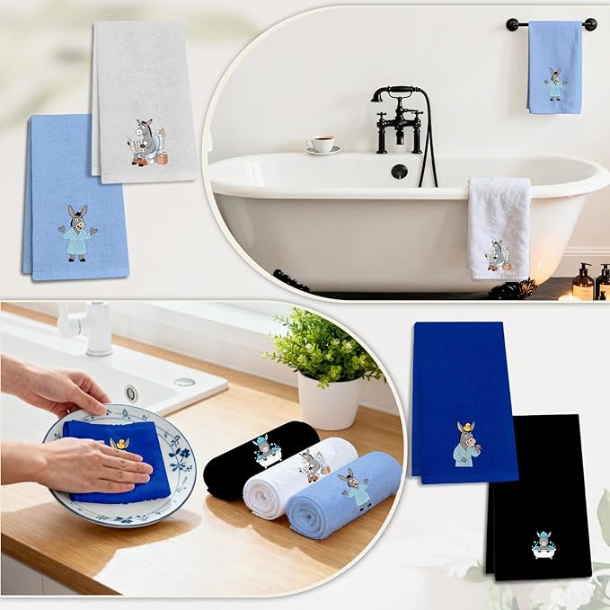 4 Pcs Funny Donkey Hand Towels Embroidered - 29" x 13.3" Soft Cotton Bathroom Towel Set, Funny Farmhouse Decor with Donkey, Light Blue Hand Towels for Kitchen Cute Bathroom Decor Housewarming Gift