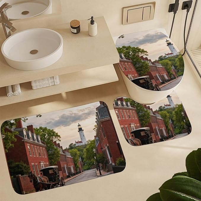 4 Piece Bathroom Rug Set with Shower Curtain, Non-Slip Bath Mat Toilet Cover Set, Lighthouse Hill Bathroom Rug Sets