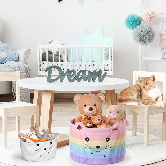 Zopeal Cat Basket Storage Woven Organizer with Ears Christmas Decorative Pet Toy Cute Cotton Rope Basket for Gift Cat Dog Toy Bin Nursery Room(21.7 x 13.8 Inch,Macaron Color)