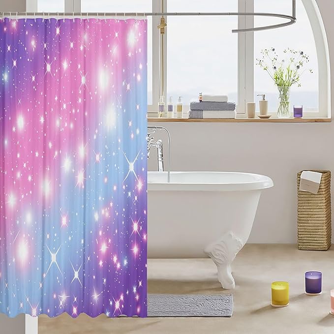 Gradient Glitter Shower Curtain for Girls, Rainbow Galaxy Bathroom Set for Kids Boys Women, Ombre Pastel Fabric Starry Sky Twinkle Bath, Purple Pink 72" W X 84" L