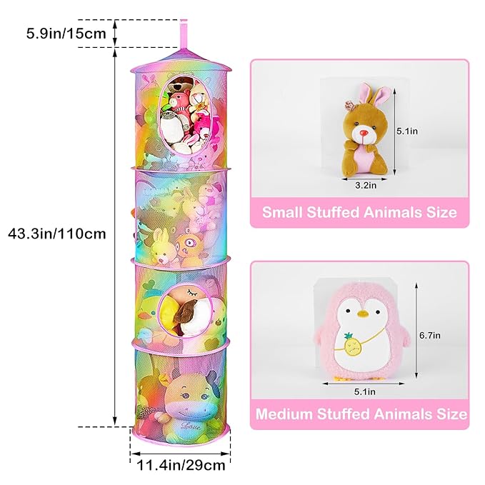 Basumee Stuffed Animals Net or Hammock 2 Pcs Stuffed Animals Storage Toy Net Hammock for Plushies Storage Organizer Mesh Kids Girls Room Decor, Rainbow, 4 Tiers
