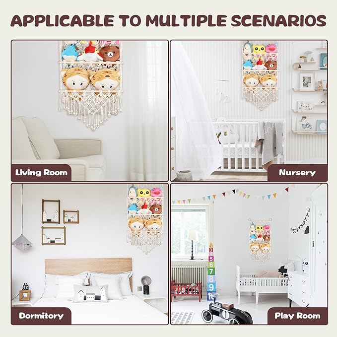 Stuffed Animal Storage Macrame Stuffed Animal Toy Storage Net Wall Mounted Hanging Stuffed Animal Holder Toy Plush Storage Bohemian 3 Layer Hanging Organizer for Kids Bedroom Nursery Room Home Decor